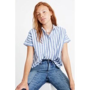 Madewell‎ Cropped Button Down Blue White Stripe Short Sleeve Shirt Top Womens XS